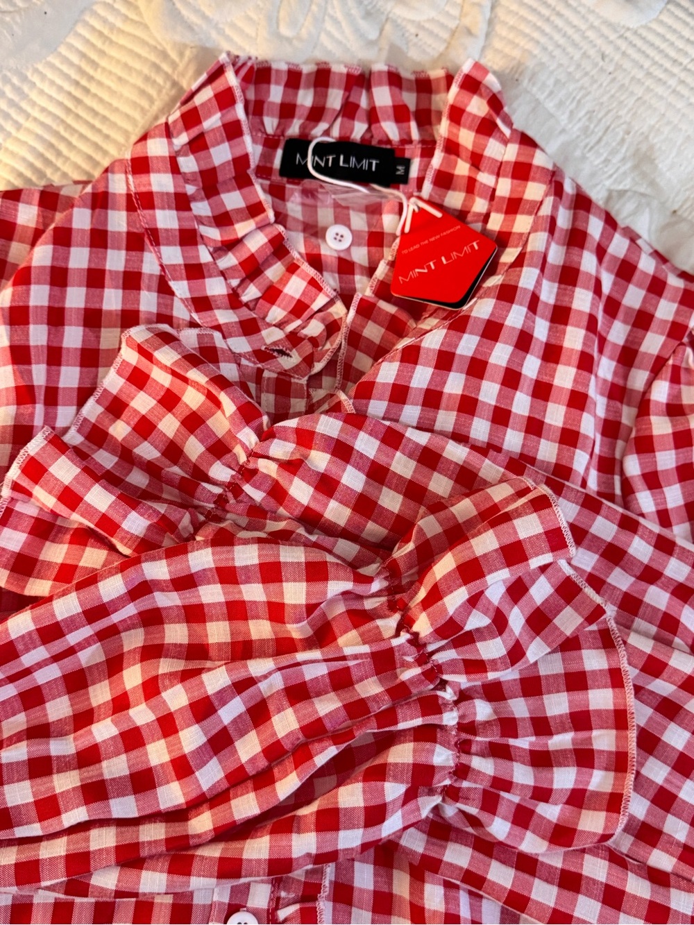 Red Gingham Ruffle-Front Blouse - Picture 3 of 5